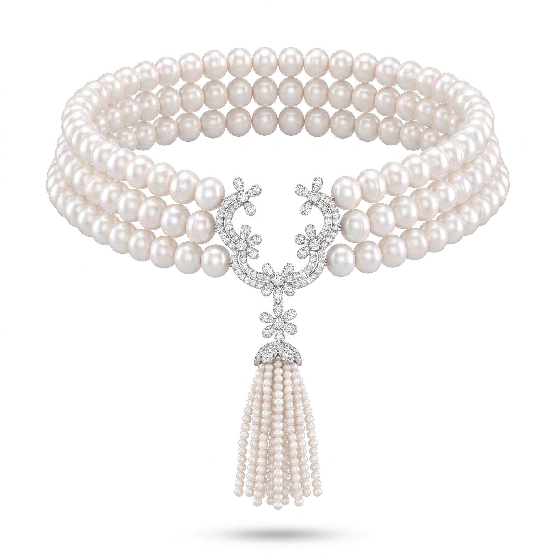 Natural Pearl & Diamond Luxury Multi-Strand Necklace | 3.75 CT Natural Diamonds | 18K Fine Gold | 137.68 g Gross Weight | Saleh Sallom