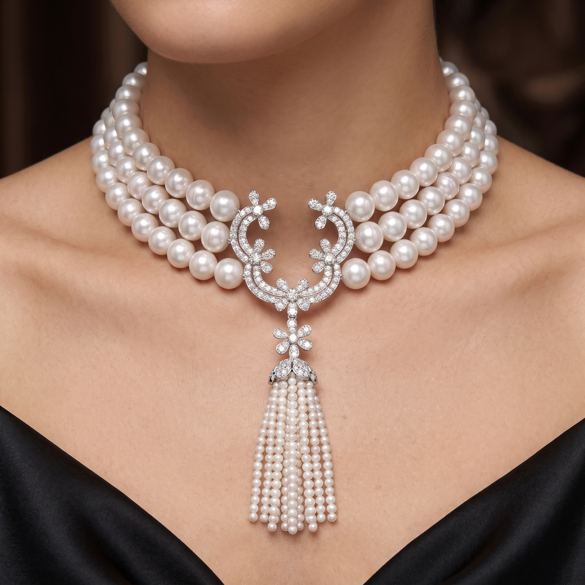 Natural Pearl & Diamond Luxury Multi-Strand Necklace | 3.75 CT Natural Diamonds | 18K Fine Gold | 137.68 g Gross Weight | Saleh Sallom Secondary image