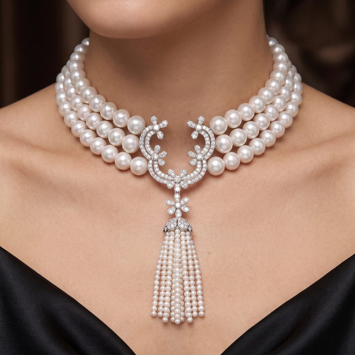 Natural Pearl & Diamond Luxury Multi-Strand Necklace | 3.75 CT Natural Diamonds | 18K Fine Gold | 137.68 g Gross Weight | Saleh Sallom