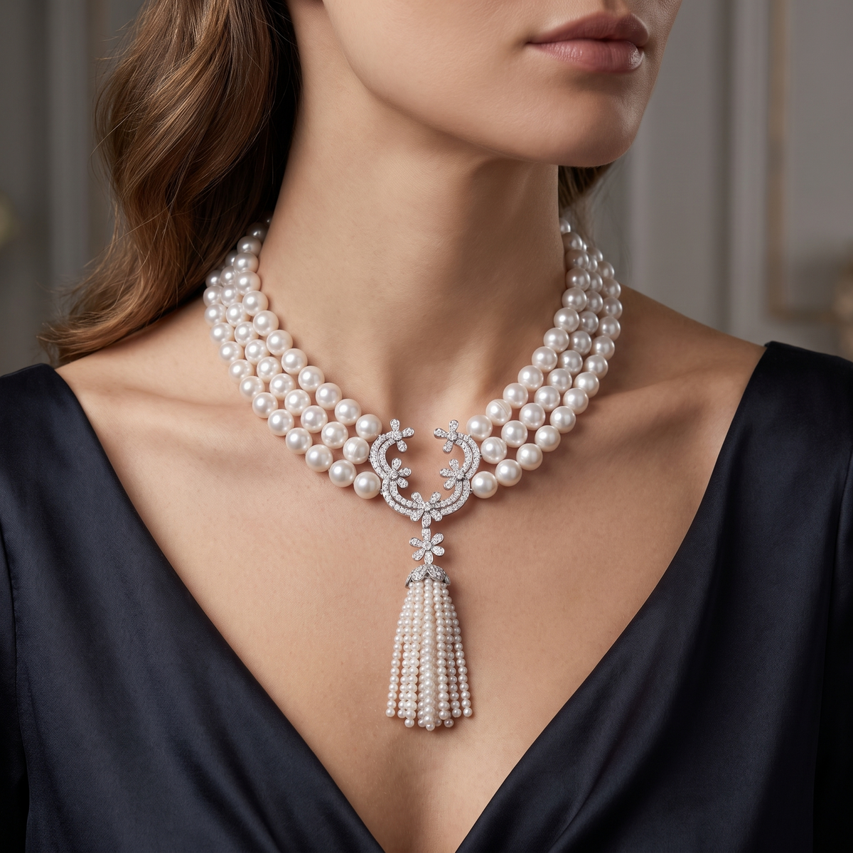 Natural Pearl & Diamond Luxury Multi-Strand Necklace | 3.75 CT Natural Diamonds | 18K Fine Gold | 137.68 g Gross Weight | Saleh Sallom