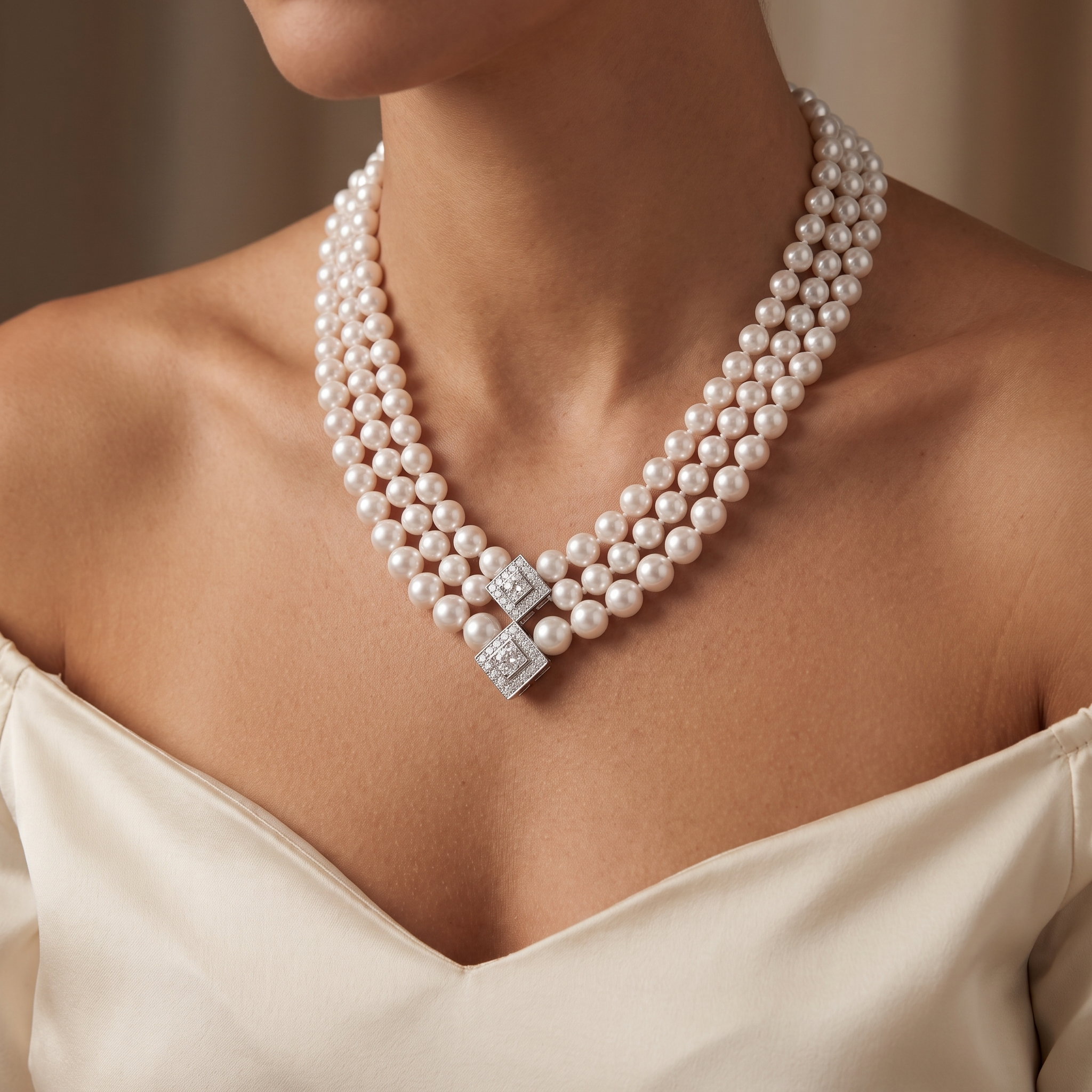 Natural Pearl & Diamond Luxury Multi-Strand Necklace | 1.365 CT Natural Diamonds | 18K Fine Gold | 87.19 g Gross Weight | Saleh Sallom Secondary image