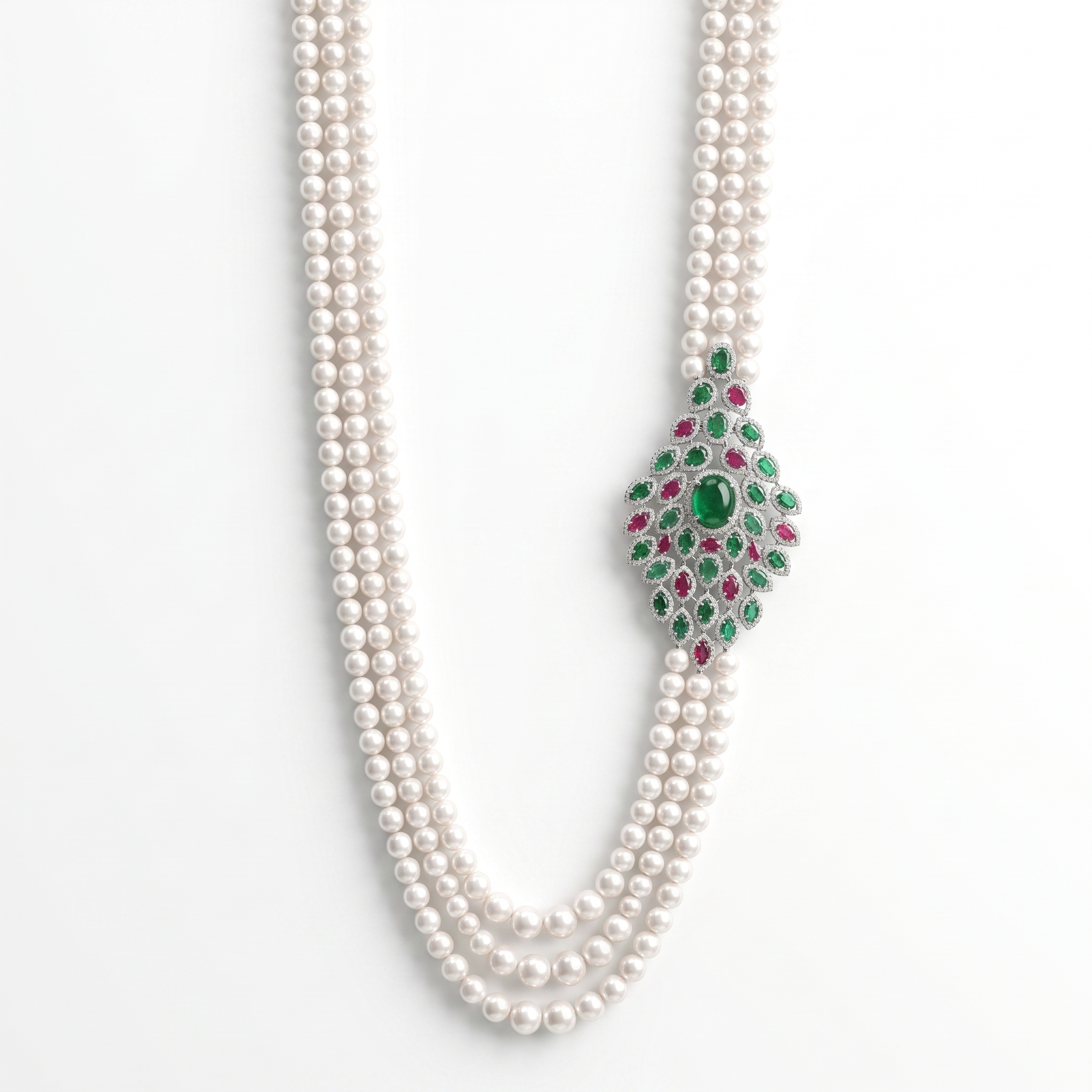 Natural Pearl, Emerald, Ruby & Diamond Luxury Necklace | 224.75 g Natural Pearls | 7.08 CT Natural Diamonds | 18K White Gold | Saleh Sallom Main image