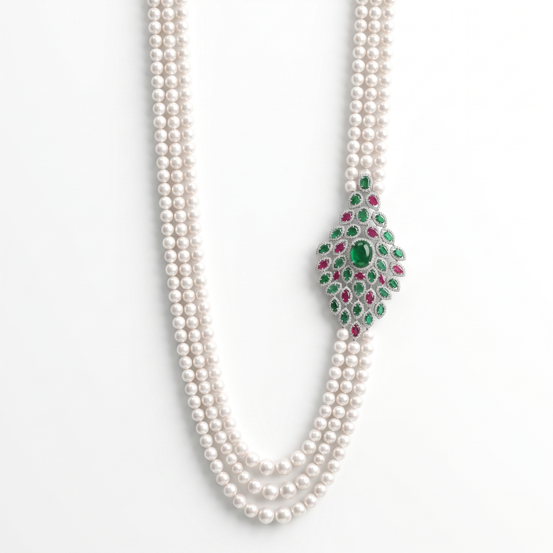 Natural Pearl, Emerald, Ruby & Diamond Luxury Necklace | 224.75 g Natural Pearls | 7.08 CT Natural Diamonds | 18K White Gold | Saleh Sallom