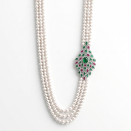 Natural Pearl, Emerald, Ruby & Diamond Luxury Necklace | 224.75 g Natural Pearls | 7.08 CT Natural Diamonds | 18K White Gold | Saleh Sallom