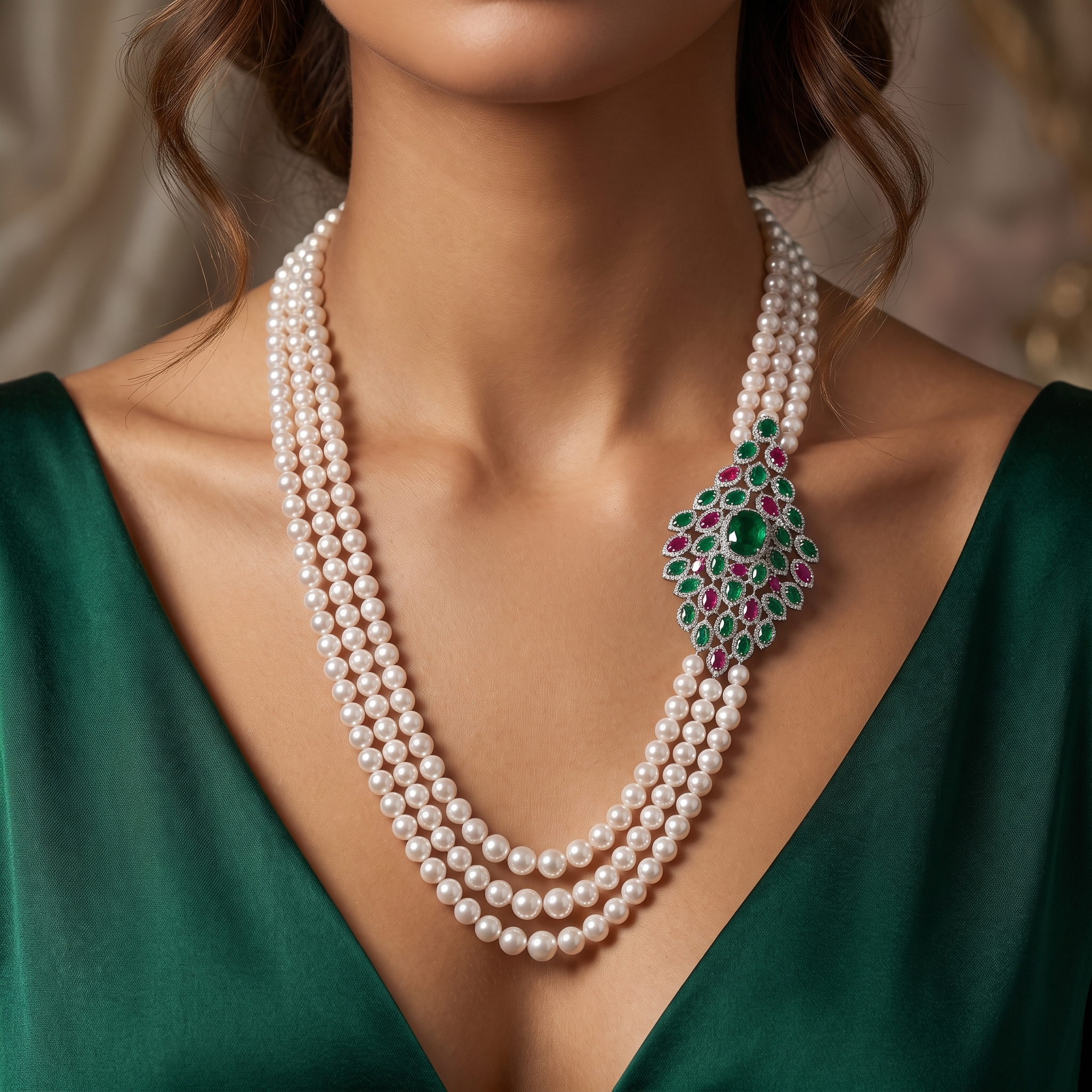 Natural Pearl, Emerald, Ruby & Diamond Luxury Necklace | 224.75 g Natural Pearls | 7.08 CT Natural Diamonds | 18K White Gold | Saleh Sallom Secondary image