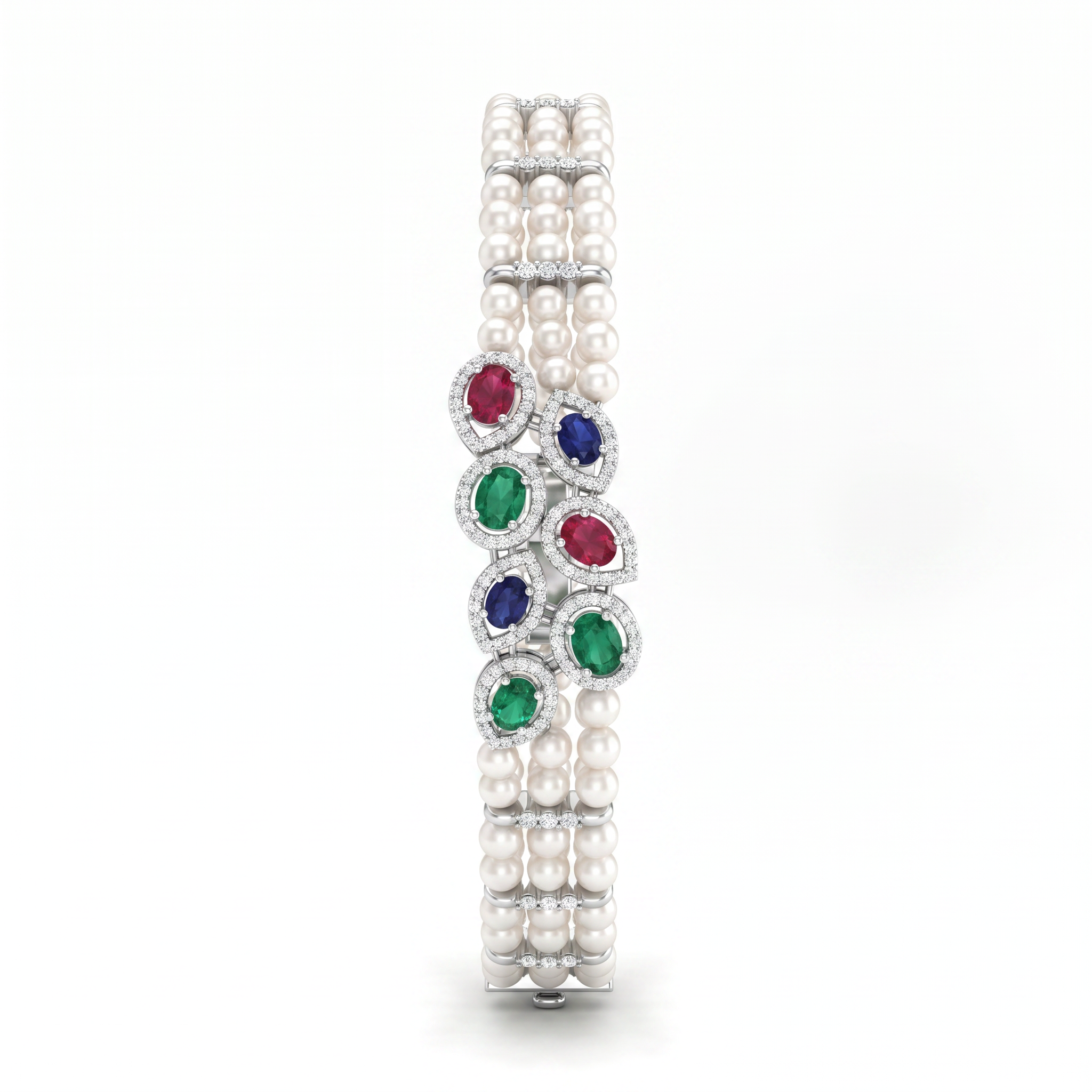 Natural Pearl, Emerald, Ruby, Sapphire & Diamond Luxury Bracelet | 13.88 g Natural Pearls | 1.43 CT Natural Diamonds | 18K White Gold | Saleh Sallom Main image