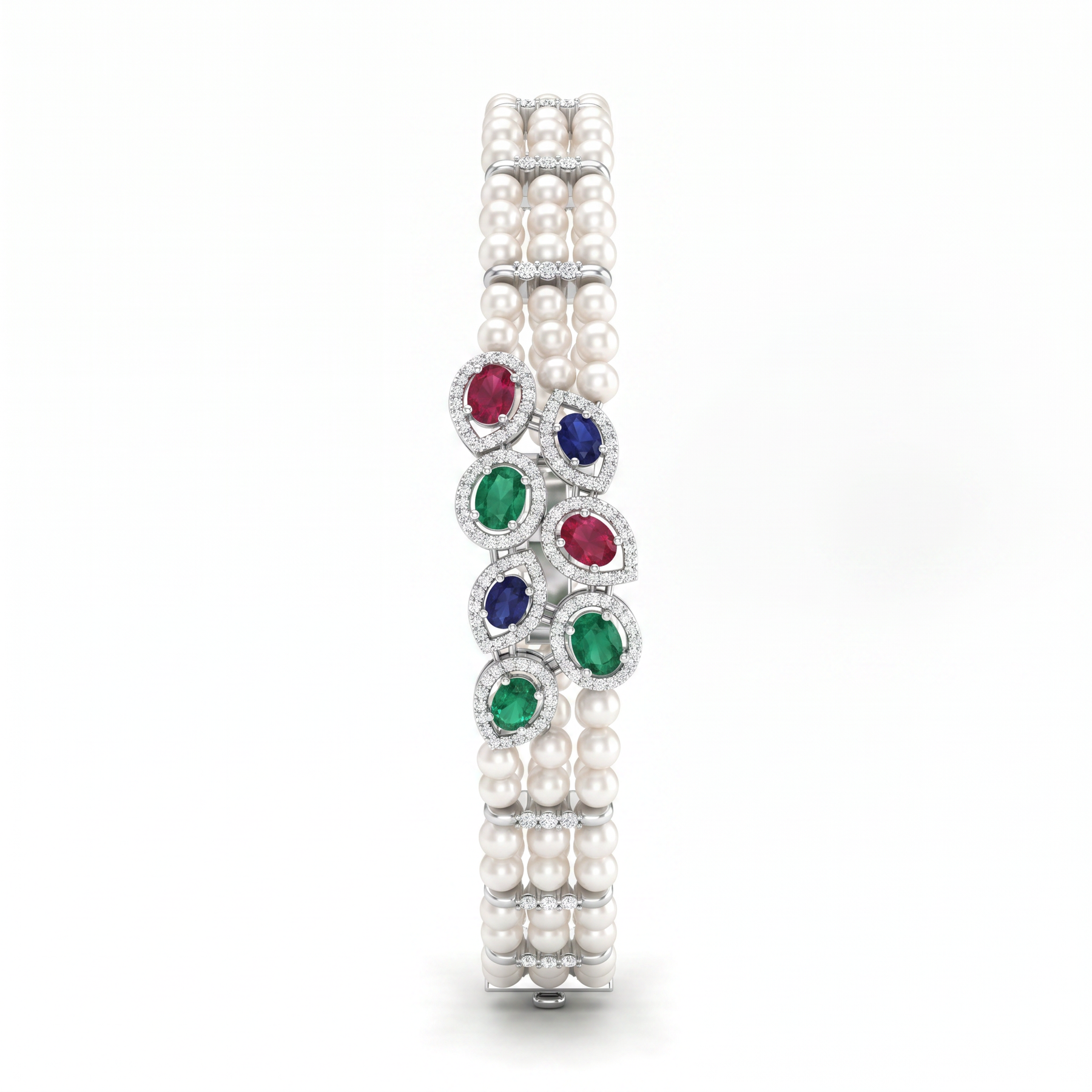 Natural Pearl, Emerald, Ruby, Sapphire & Diamond Luxury Bracelet | 13.88 g Natural Pearls | 1.43 CT Natural Diamonds | 18K White Gold | Saleh Sallom