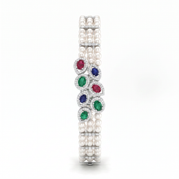 Natural Pearl, Emerald, Ruby, Sapphire & Diamond Luxury Bracelet | 13.88 g Natural Pearls | 1.43 CT Natural Diamonds | 18K White Gold | Saleh Sallom