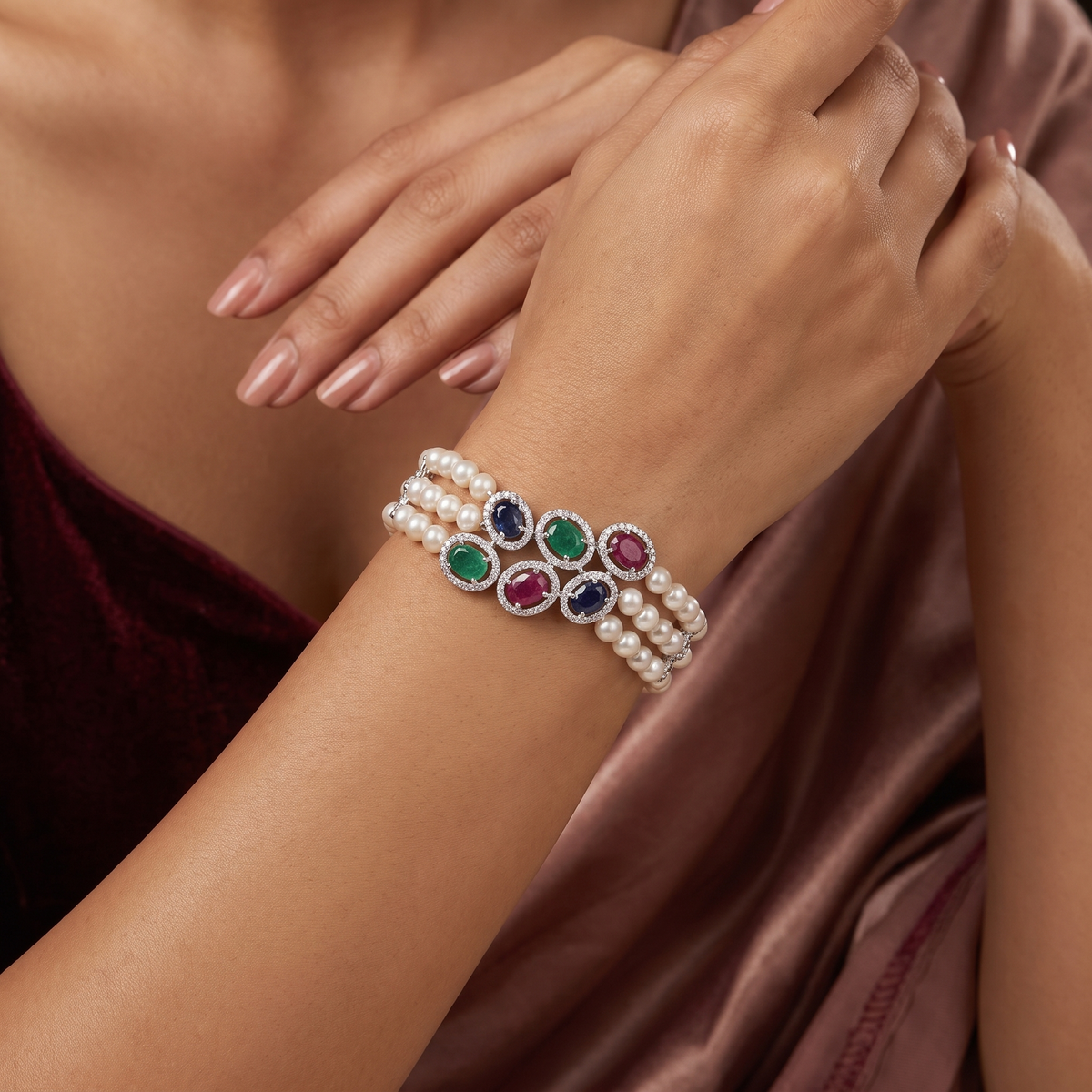 Natural Pearl, Emerald, Ruby, Sapphire & Diamond Luxury Bracelet | 13.88 g Natural Pearls | 1.43 CT Natural Diamonds | 18K White Gold | Saleh Sallom