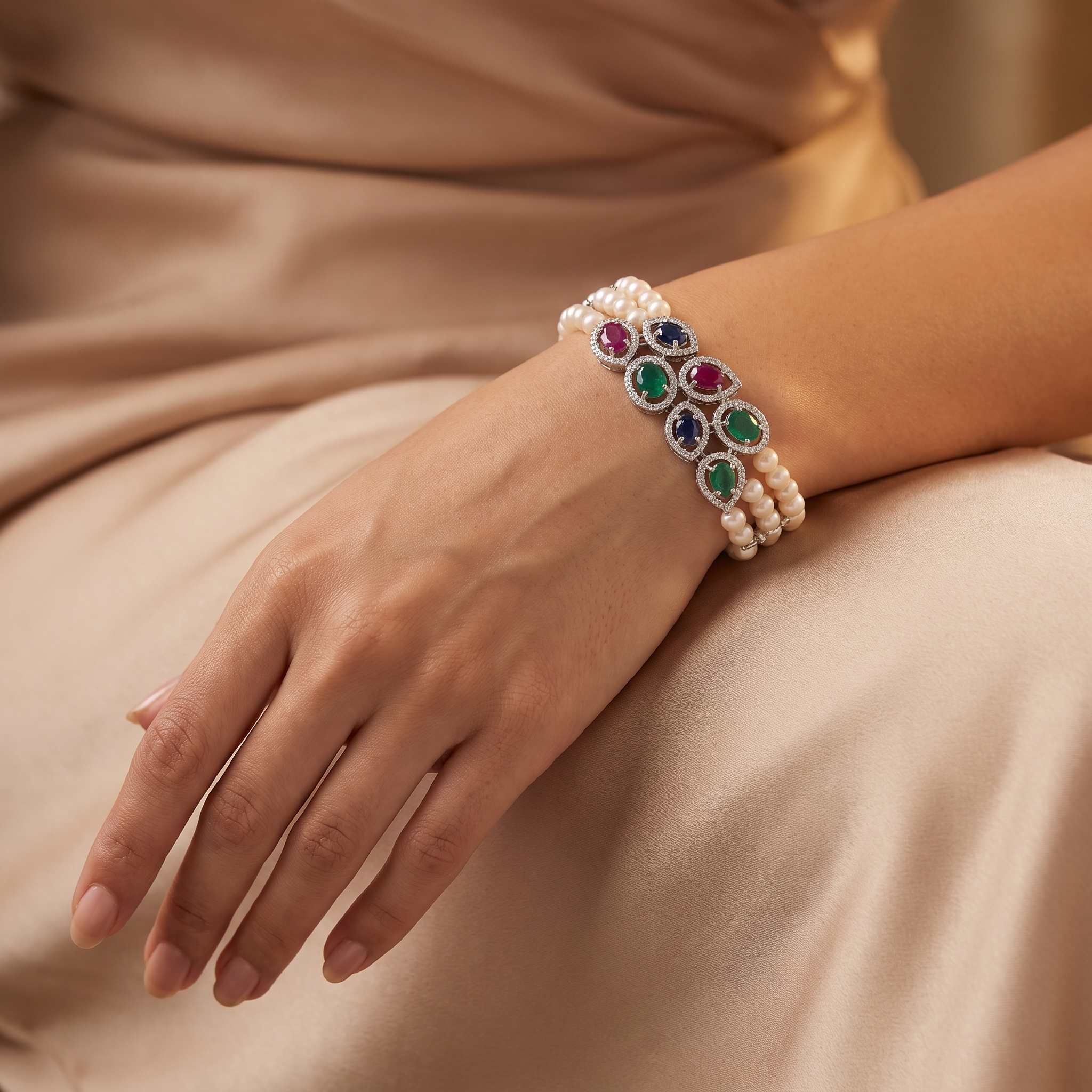 Natural Pearl, Emerald, Ruby, Sapphire & Diamond Luxury Bracelet | 13.88 g Natural Pearls | 1.43 CT Natural Diamonds | 18K White Gold | Saleh Sallom Secondary image