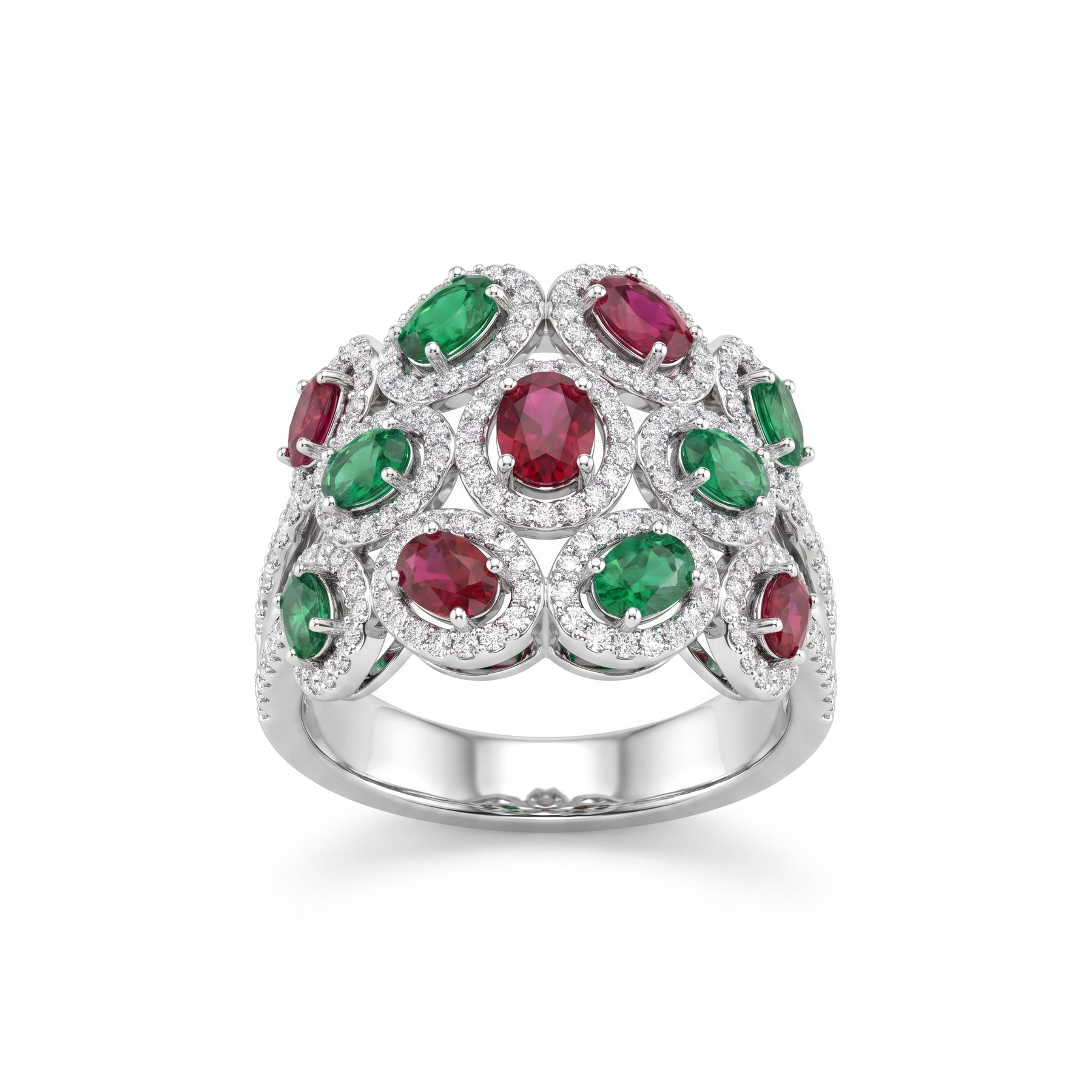 Natural Emerald & Ruby Diamond Cocktail Ring | 18K White Gold | Multi-Gemstone Statement Ring