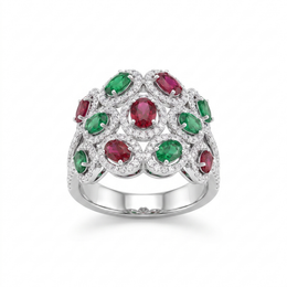 Natural Emerald & Ruby Diamond Cocktail Ring | 18K White Gold | Multi-Gemstone Statement Ring