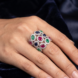 Natural Emerald & Ruby Diamond Cocktail Ring | 18K White Gold | Multi-Gemstone Statement Ring