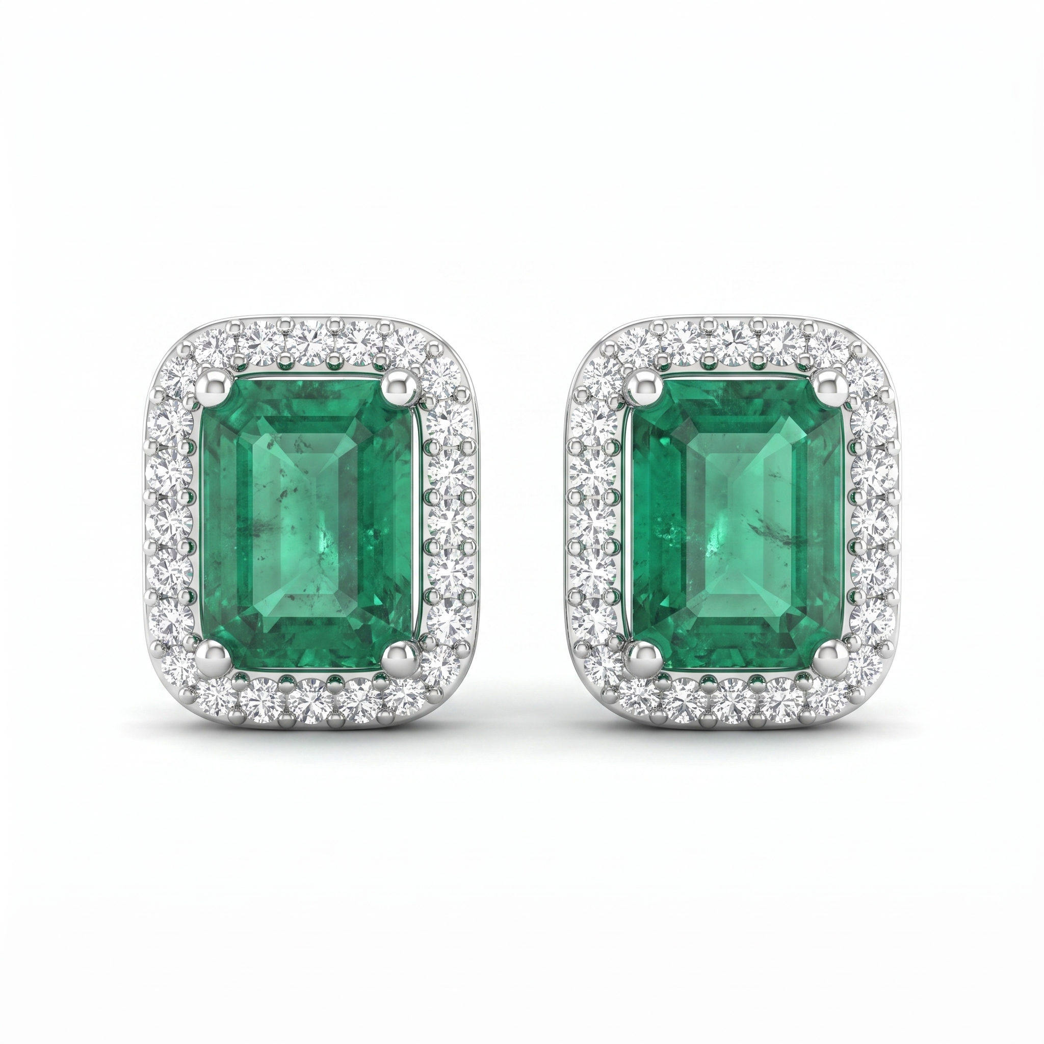 Natural Emerald & Diamond Halo Stud Earrings | 18K White Gold | 0.33 CT Natural Diamonds | Saleh Sallom Main image