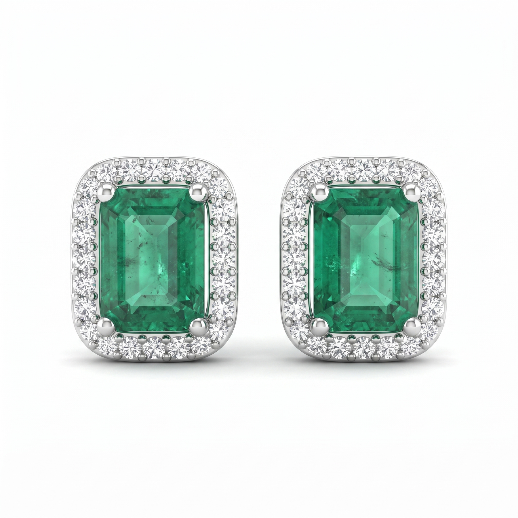 Natural Emerald & Diamond Halo Stud Earrings | 18K White Gold | 0.33 CT Natural Diamonds | Saleh Sallom
