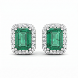 Natural Emerald & Diamond Halo Stud Earrings | 18K White Gold | 0.33 CT Natural Diamonds | Saleh Sallom