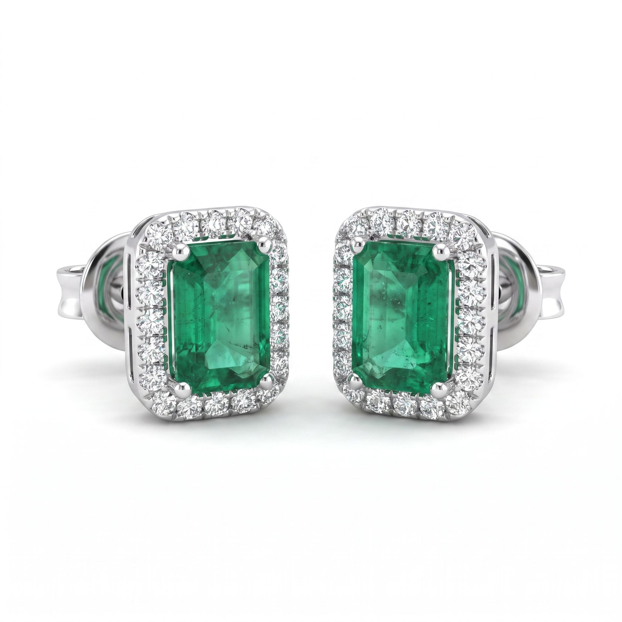Natural Emerald & Diamond Halo Stud Earrings | 18K White Gold | 0.33 CT Natural Diamonds | Saleh Sallom Secondary image