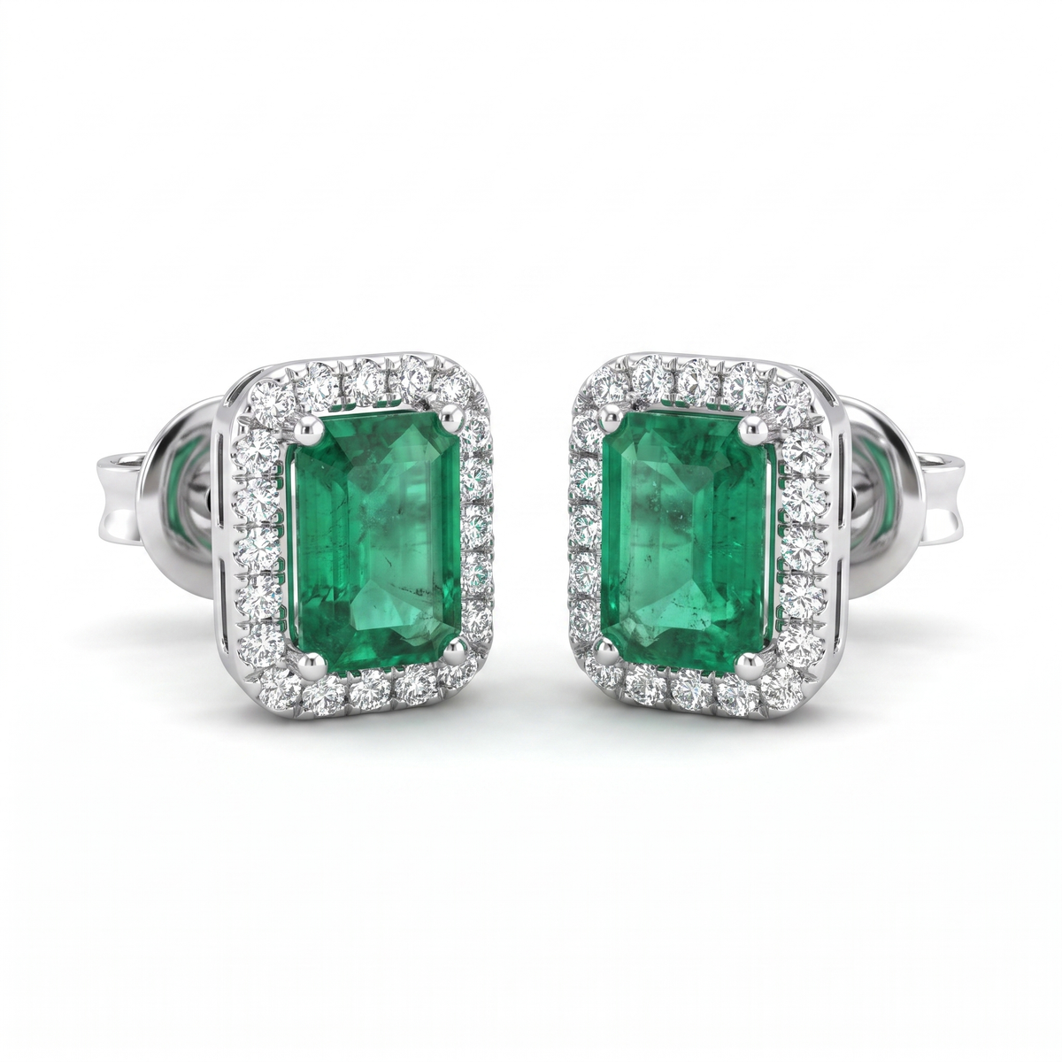 Natural Emerald & Diamond Halo Stud Earrings | 18K White Gold | 0.33 CT Natural Diamonds | Saleh Sallom