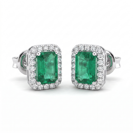 Natural Emerald & Diamond Halo Stud Earrings | 18K White Gold | 0.33 CT Natural Diamonds | Saleh Sallom