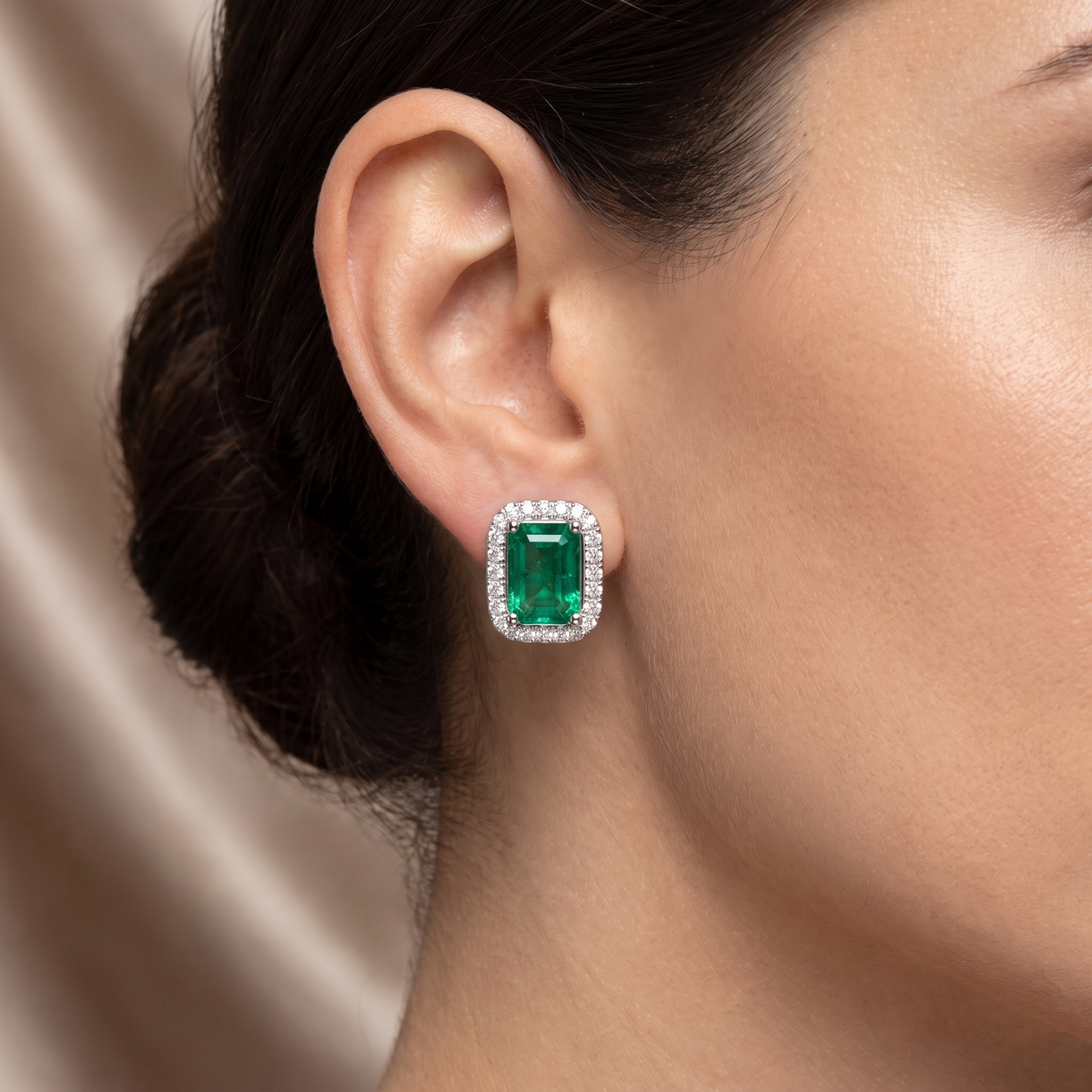Natural Emerald & Diamond Halo Stud Earrings | 18K White Gold | 0.33 CT Natural Diamonds | Saleh Sallom