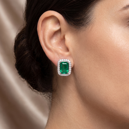 Natural Emerald & Diamond Halo Stud Earrings | 18K White Gold | 0.33 CT Natural Diamonds | Saleh Sallom