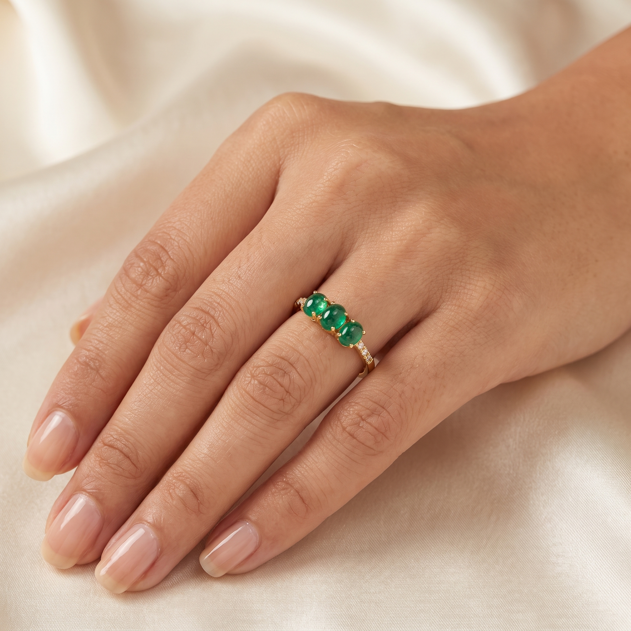 Natural Three-Stone Emerald & Diamond Ring | 0.71 CT Natural Emeralds | 0.09 CT Natural Diamonds | IGI Certified | 18K Yellow Gold | Saleh Sallom Secondary image