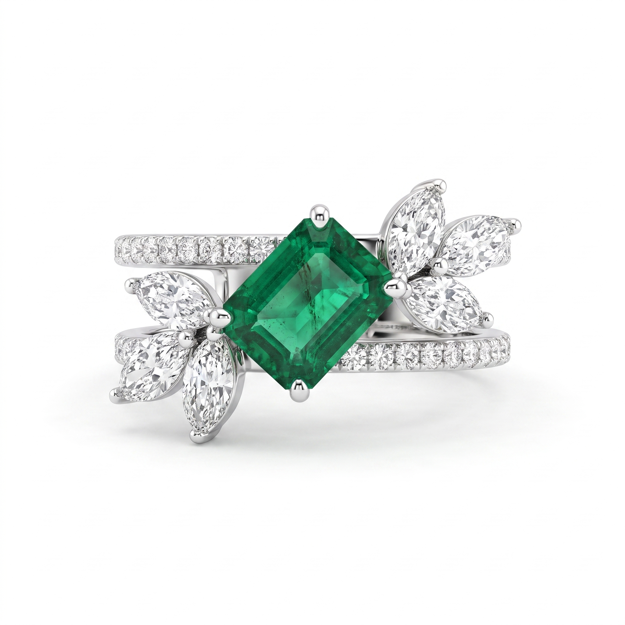 Natural Emerald & Diamond Floral Ring | 18K White Gold | 1.37 CT Natural Diamonds | Emerald Cut Emerald | Saleh Sallom Main image