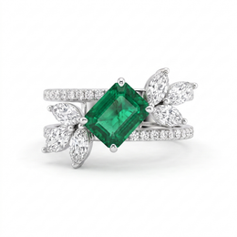 Natural Emerald & Diamond Floral Ring | 18K White Gold | 1.37 CT Natural Diamonds | Emerald Cut Emerald | Saleh Sallom
