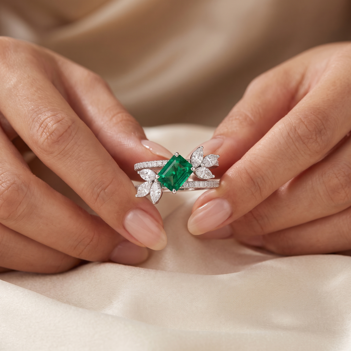Natural Emerald & Diamond Floral Ring | 18K White Gold | 1.37 CT Natural Diamonds | Emerald Cut Emerald | Saleh Sallom