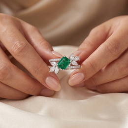 Natural Emerald & Diamond Floral Ring | 18K White Gold | 1.37 CT Natural Diamonds | Emerald Cut Emerald | Saleh Sallom