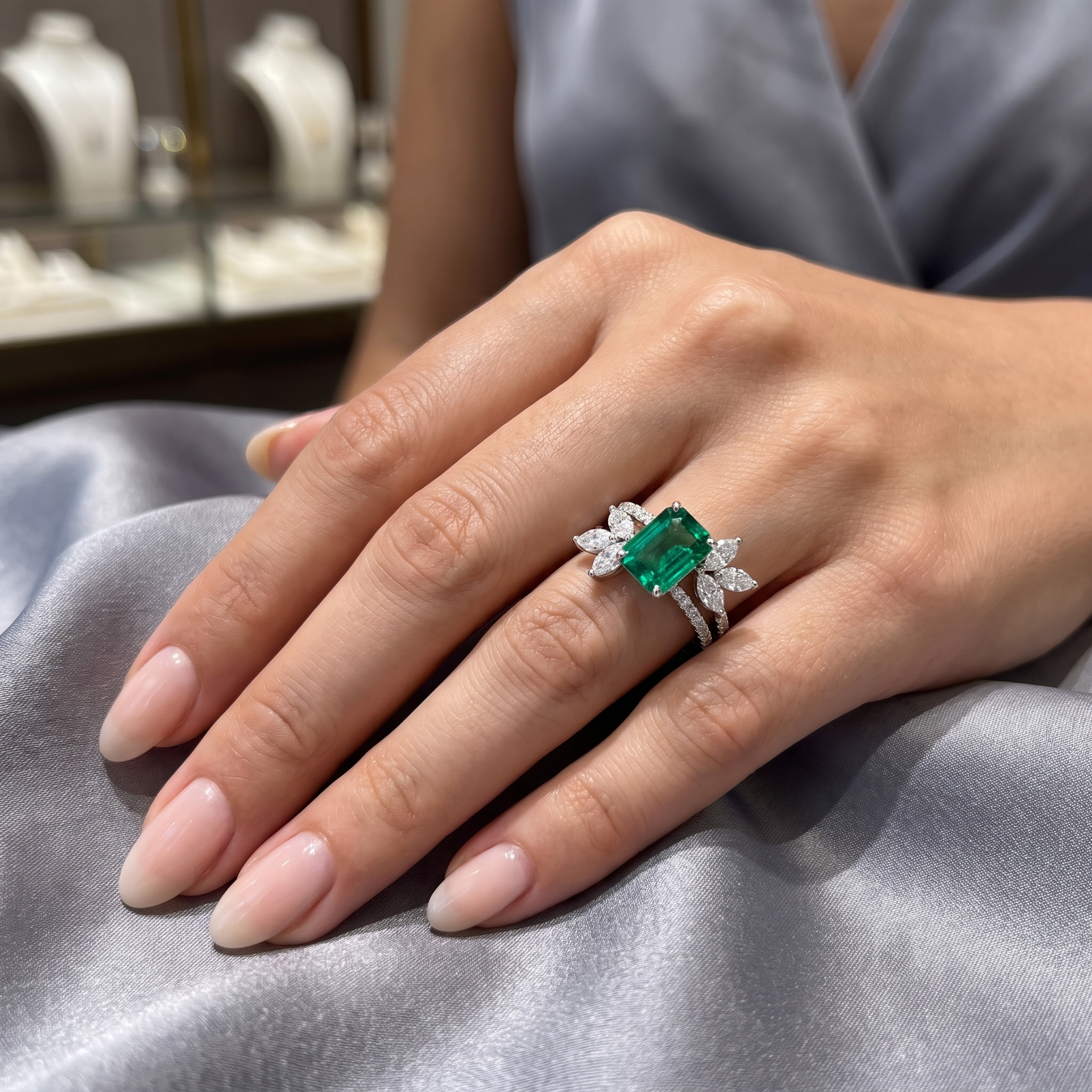 Natural Emerald & Diamond Floral Ring | 18K White Gold | 1.37 CT Natural Diamonds | Emerald Cut Emerald | Saleh Sallom Secondary image
