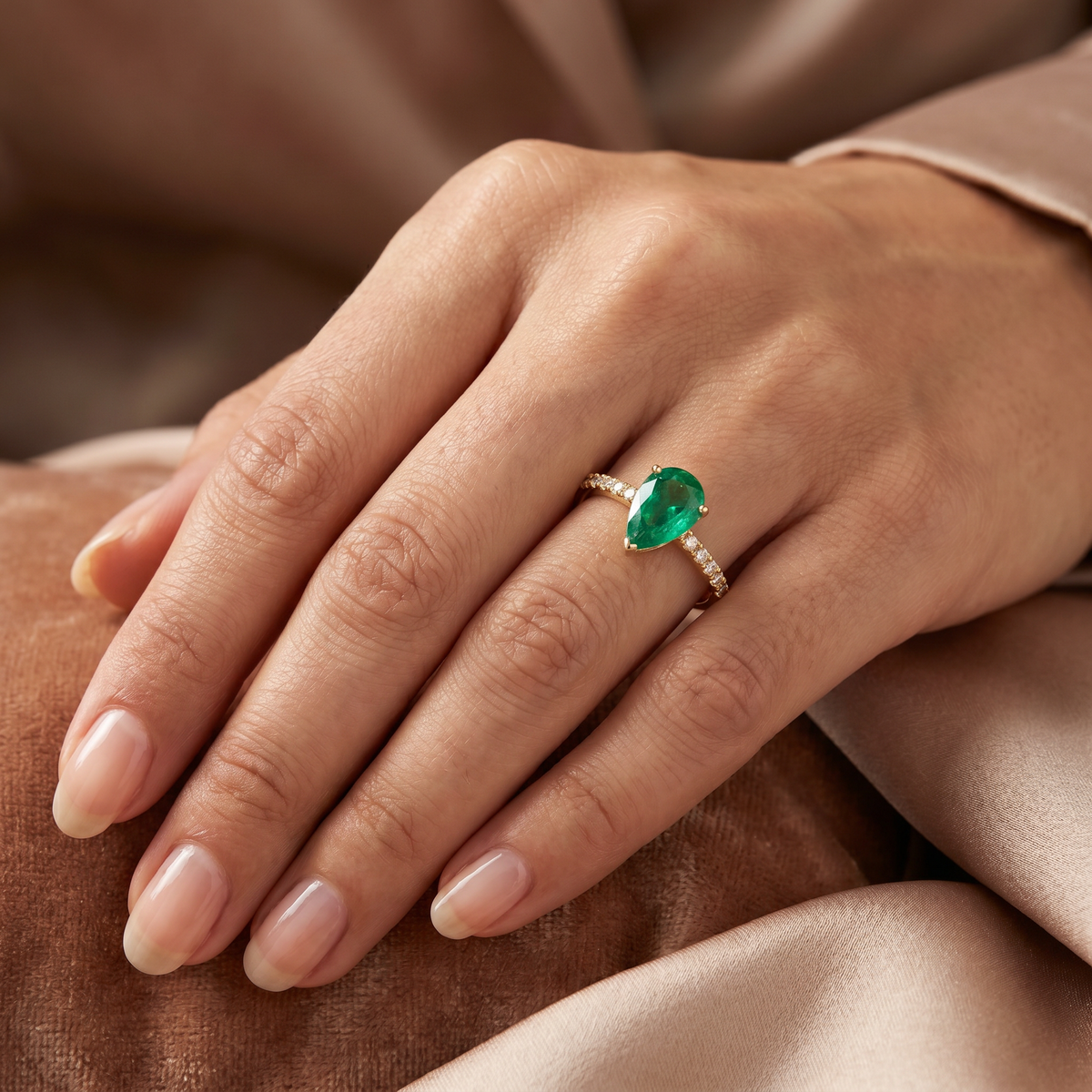 IGI Certified Natural Pear Shape Emerald & Diamond Ring | 18K Yellow Gold | 0.89 CT Emerald | 0.19 CT Natural Diamonds