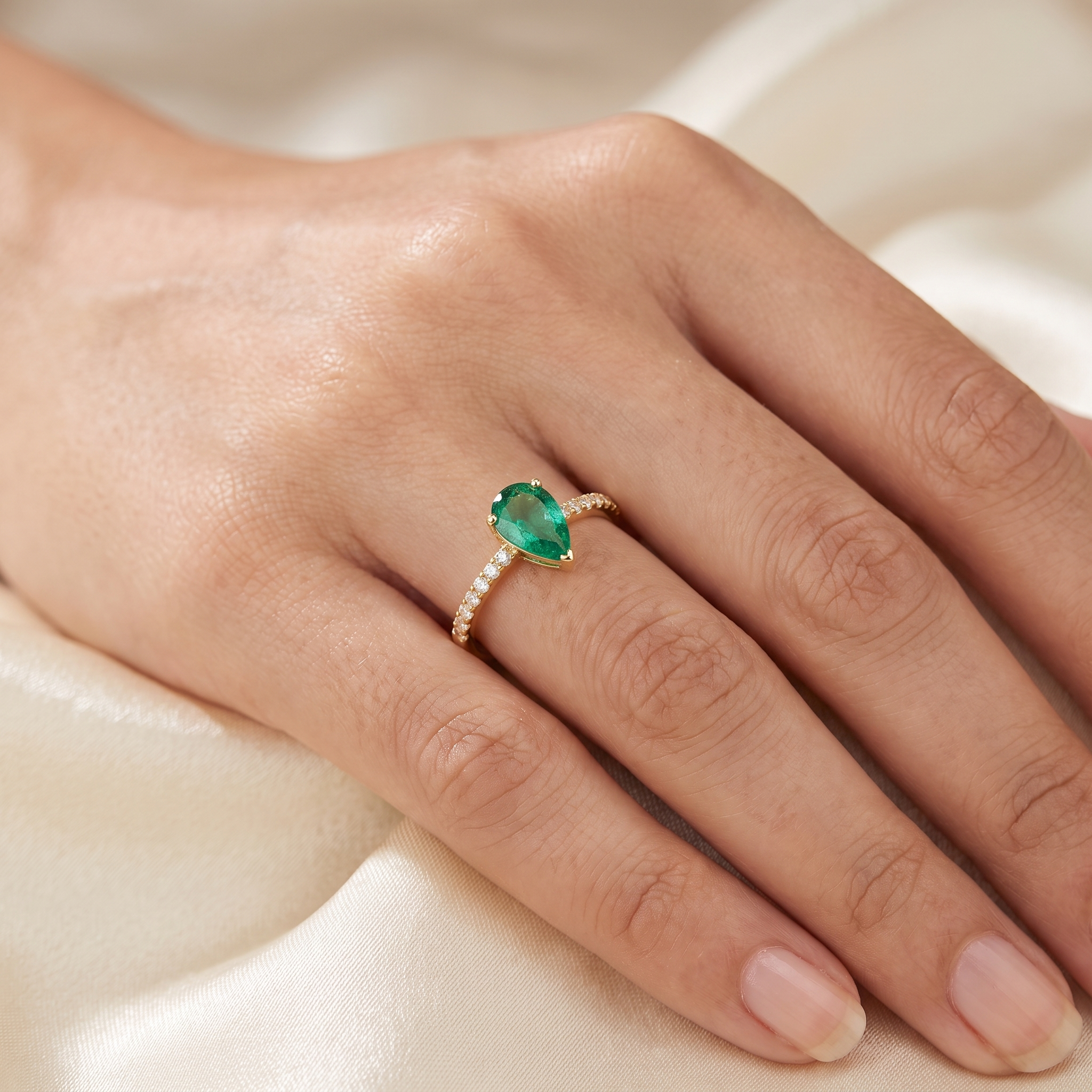 IGI Certified Natural Pear Shape Emerald & Diamond Ring | 18K Yellow Gold | 0.89 CT Emerald | 0.19 CT Natural Diamonds Secondary image