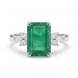 Natural Emerald & Diamond Three-Stone Ring | 18K White Gold | Emerald Cut Emerald with Marquise Diamonds