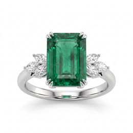 Natural Emerald & Diamond Three-Stone Ring | 18K White Gold | Emerald Cut Emerald with Marquise Diamonds