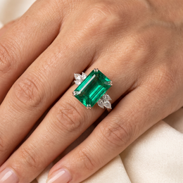 Natural Emerald & Diamond Three-Stone Ring | 18K White Gold | Emerald Cut Emerald with Marquise Diamonds
