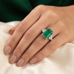 Natural Emerald & Diamond Three-Stone Ring | 18K White Gold | Emerald Cut Emerald with Marquise Diamonds