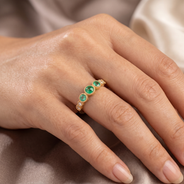 Natural Emerald Three-Stone Diamond Ring | 18K Yellow Gold | IGI Certified