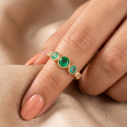 Natural Emerald Three-Stone Diamond Ring | 18K Yellow Gold | IGI Certified