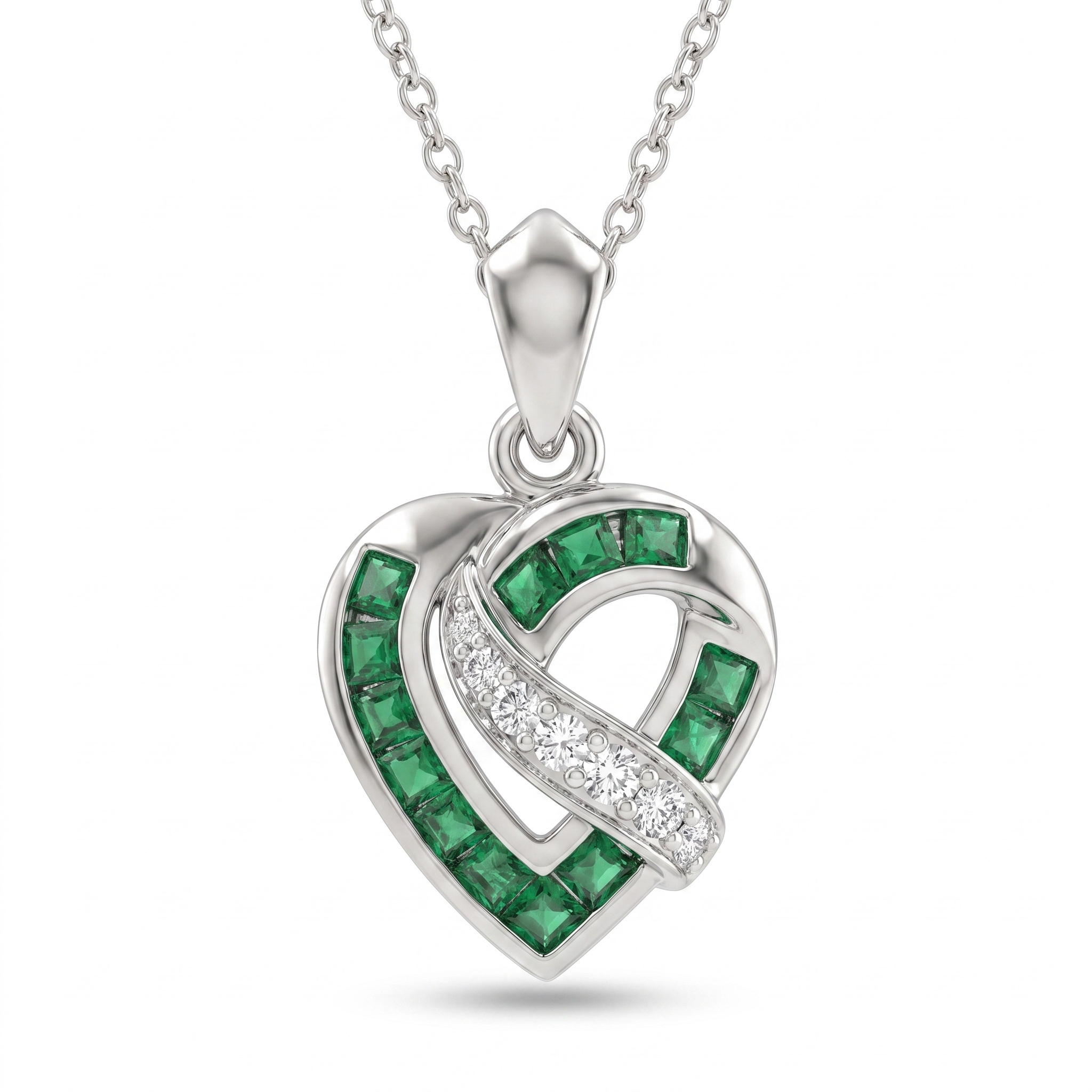 Natural Emerald & Diamond Heart Pendant Necklace | 18K White Gold | 0.35 CT Natural Diamonds Main image