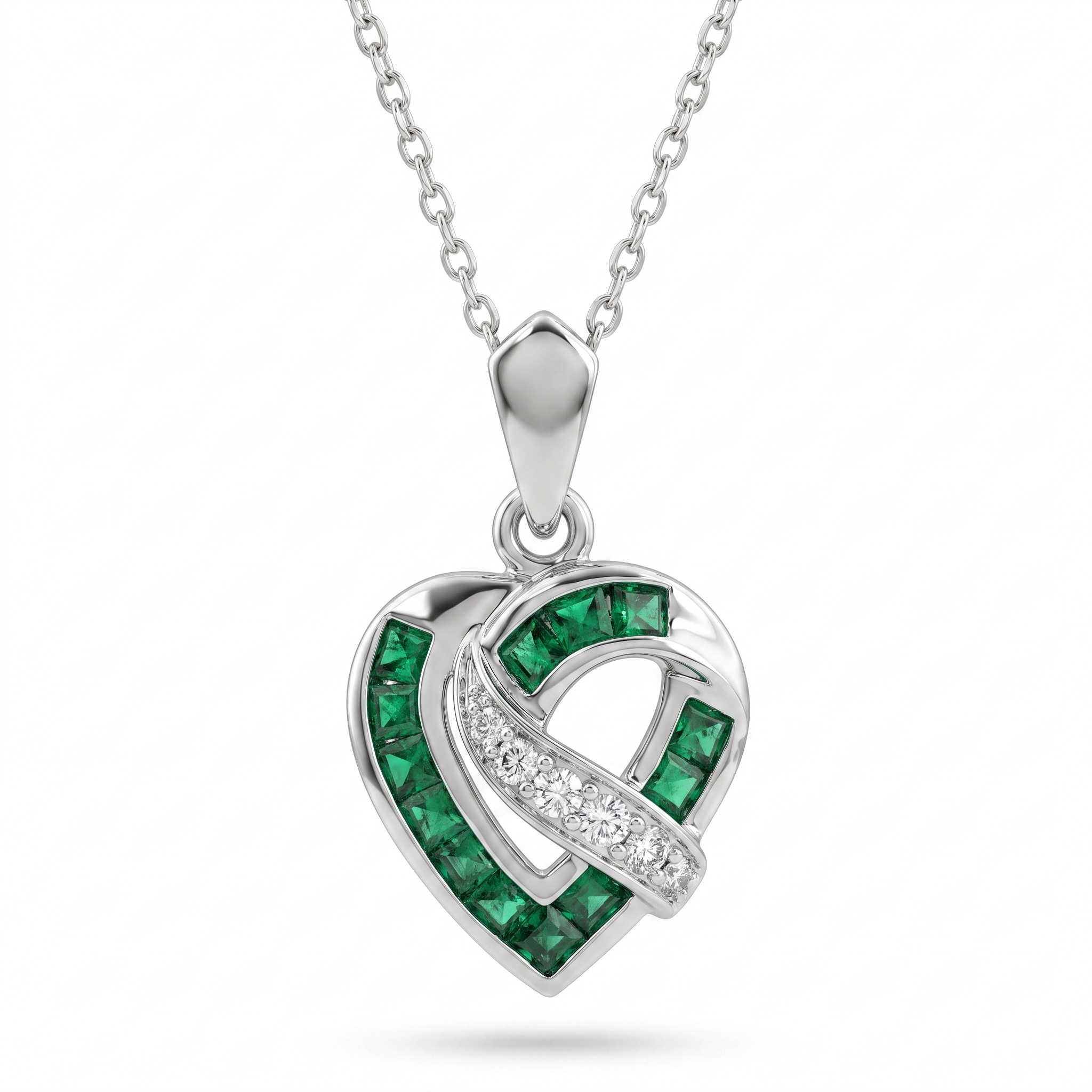 Natural Emerald & Diamond Heart Pendant Necklace | 18K White Gold | 0.35 CT Natural Diamonds Secondary image