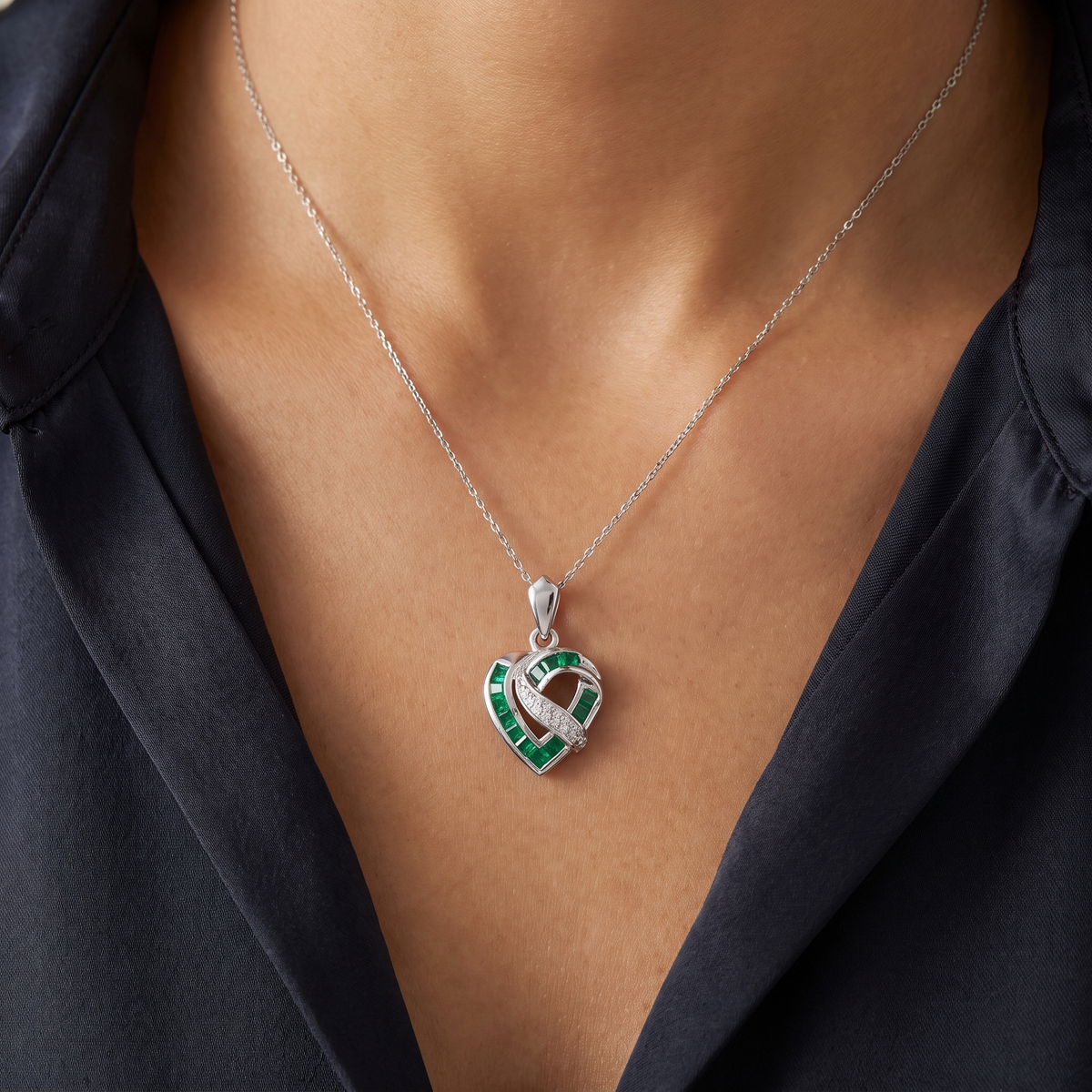 Natural Emerald & Diamond Heart Pendant Necklace | 18K White Gold | 0.35 CT Natural Diamonds