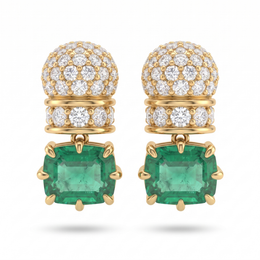 Natural Emerald & Diamond Drop Earrings | 18K Yellow Gold | 0.36 CT Natural Diamonds