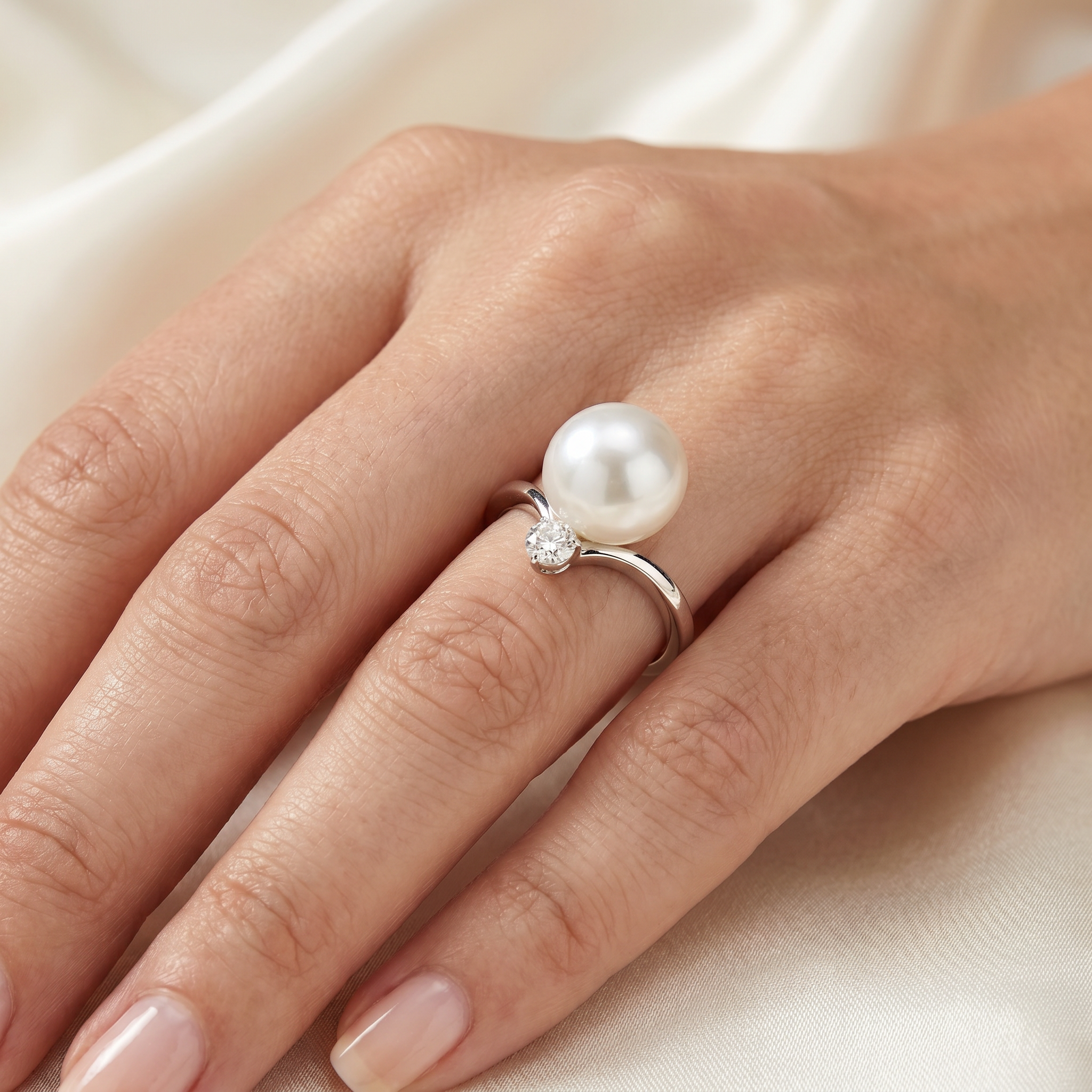 Natural Pearl & Diamond Solitaire Ring | 18K White Gold | 0.33 CT Natural Diamond Secondary image
