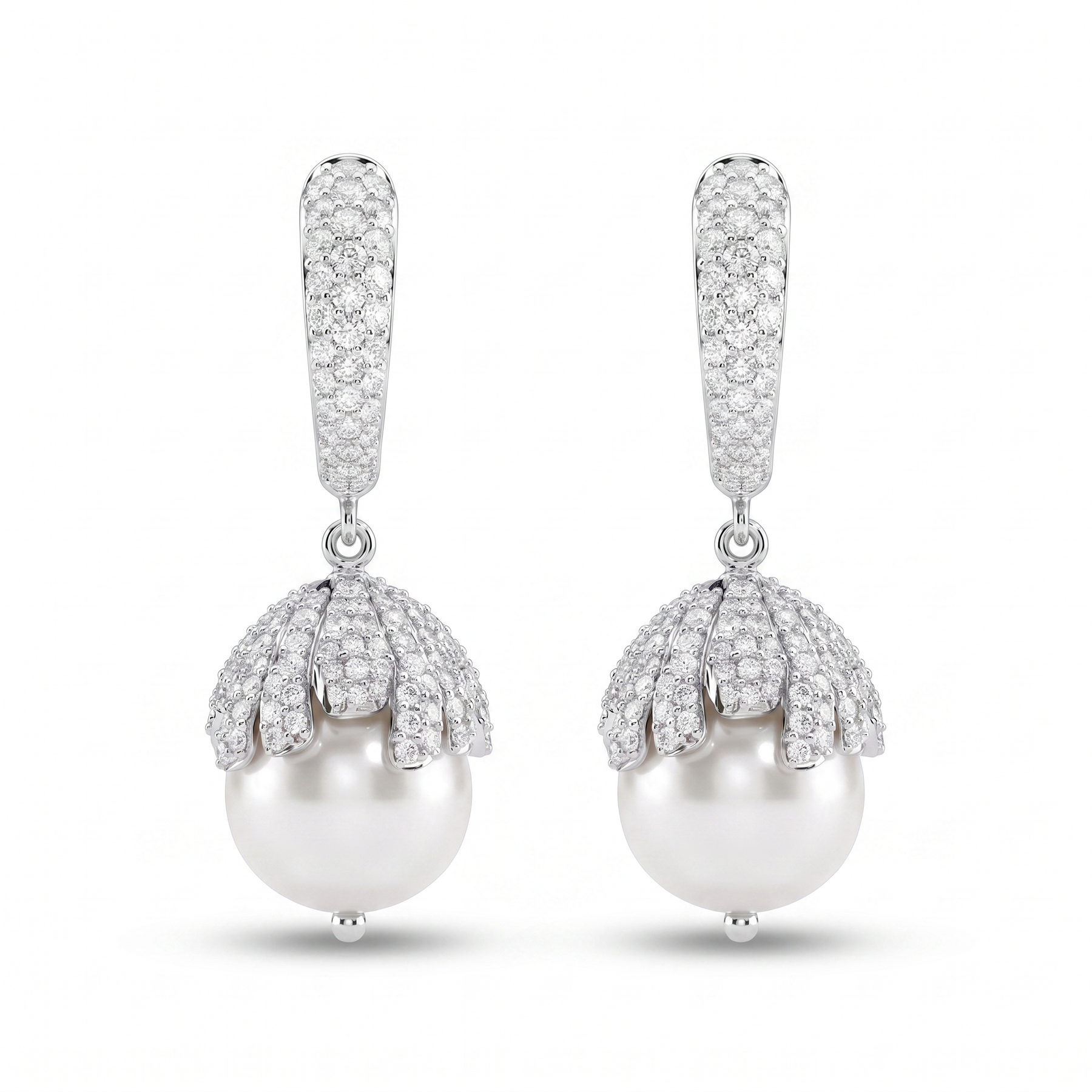 Natural Diamond & South Sea Pearl Drop Earrings | 18K White Gold | 2.04 CT Natural Diamonds
