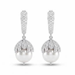 Natural Diamond & South Sea Pearl Drop Earrings | 18K White Gold | 2.04 CT Natural Diamonds