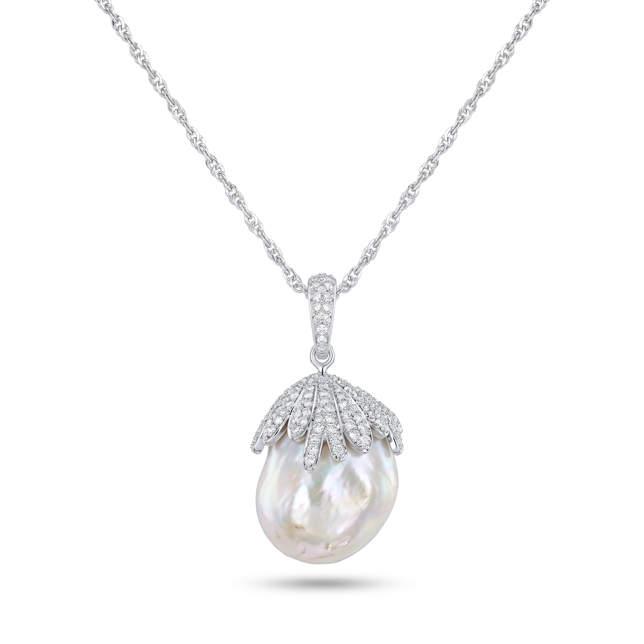 Natural Diamond & Baroque South Sea Pearl Pendant Necklace | 18K White Gold | 2.15 CT Natural Diamonds Main image