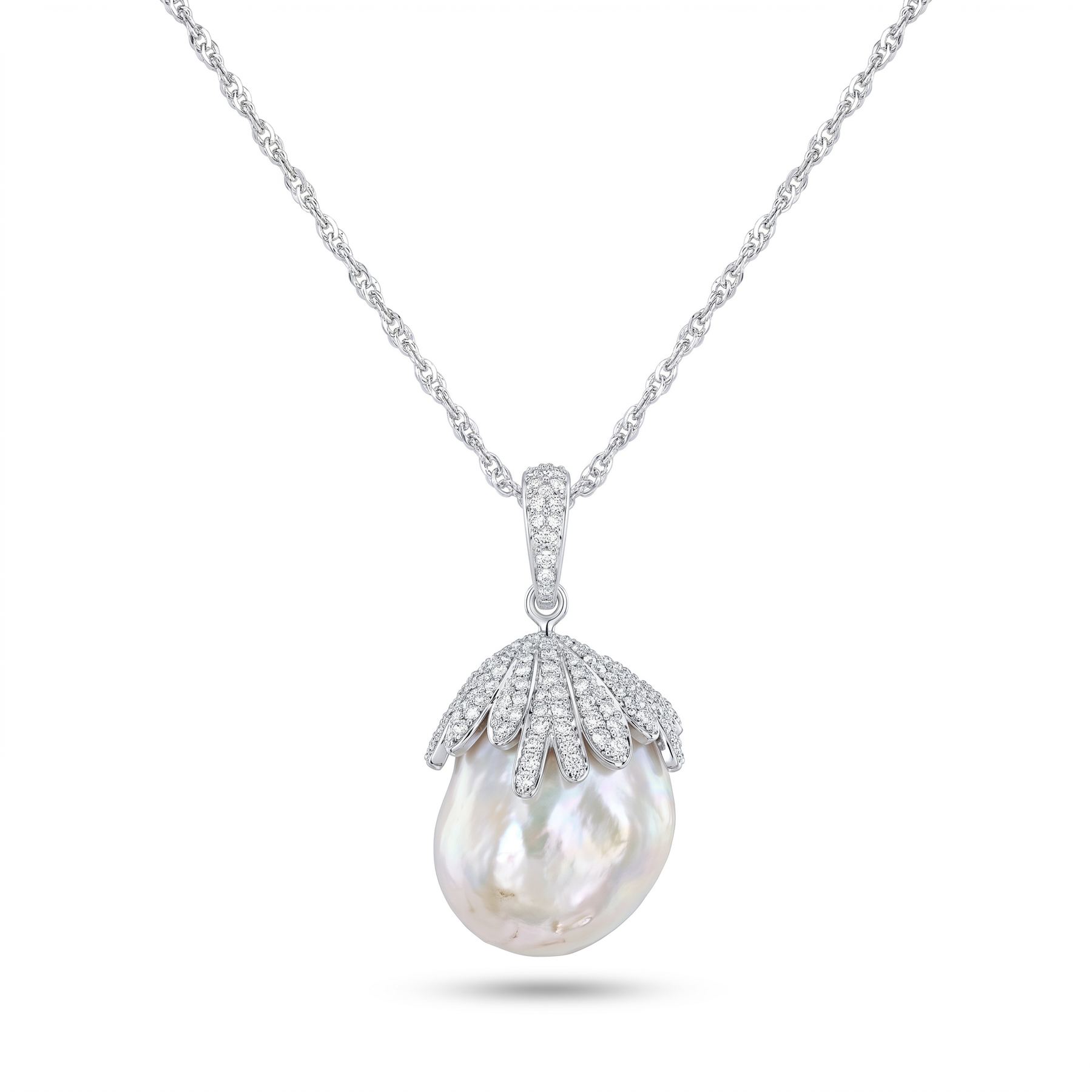 Natural Diamond & Baroque South Sea Pearl Pendant Necklace | 18K White Gold | 2.15 CT Natural Diamonds