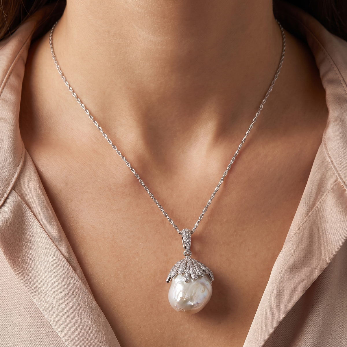 Natural Diamond & Baroque South Sea Pearl Pendant Necklace | 18K White Gold | 2.15 CT Natural Diamonds