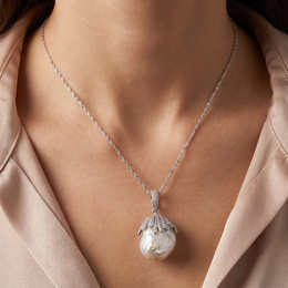Natural Diamond & Baroque South Sea Pearl Pendant Necklace | 18K White Gold | 2.15 CT Natural Diamonds